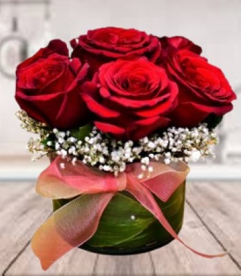 Red Rose Arrangement in Round Glass Vase